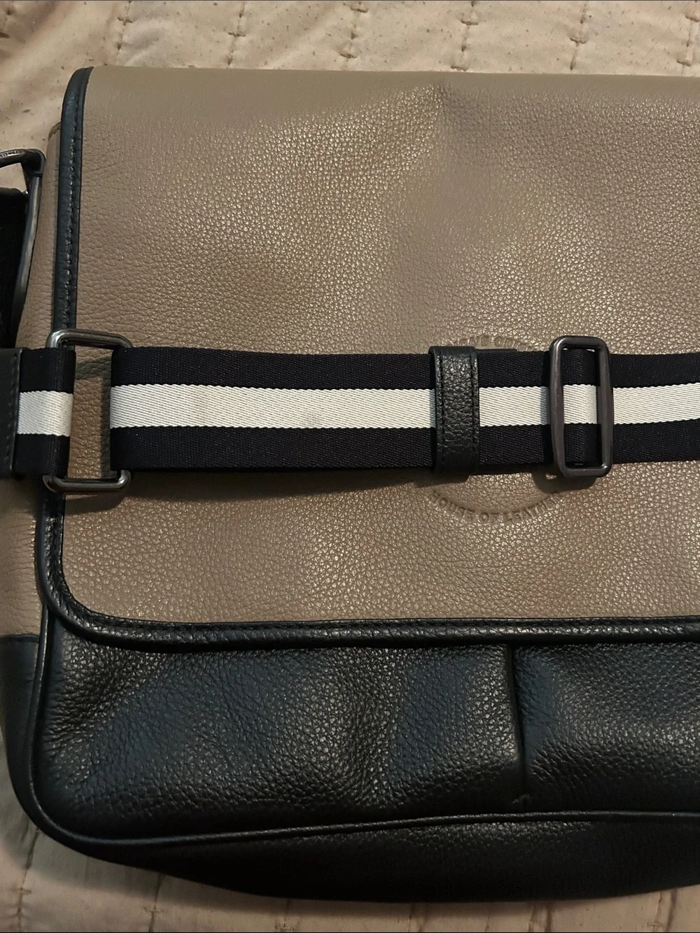 Coach Two-Tone Pebbled Leather Messenger Bag in Taupe and Black